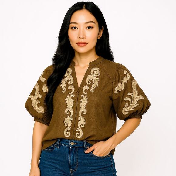 Women's size small "THML" boho-chic Split V-neck, mandarin-style business blouse - Picture 6 of 7